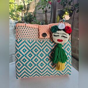 Woven Patterned Tote Bag - Peach and Teal